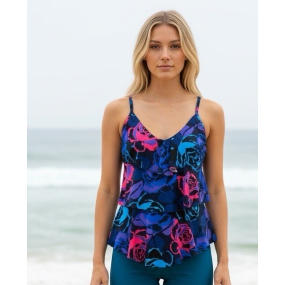 Aqua Green Women's M Tiered Ruffle Tankini Swim Top Blue Purple NEW
